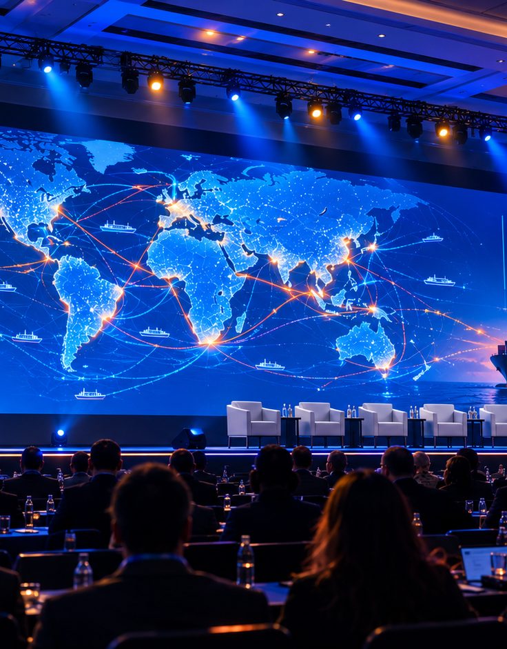 Conference stage with a large screen showing global shipping routes and an audience in the foreground