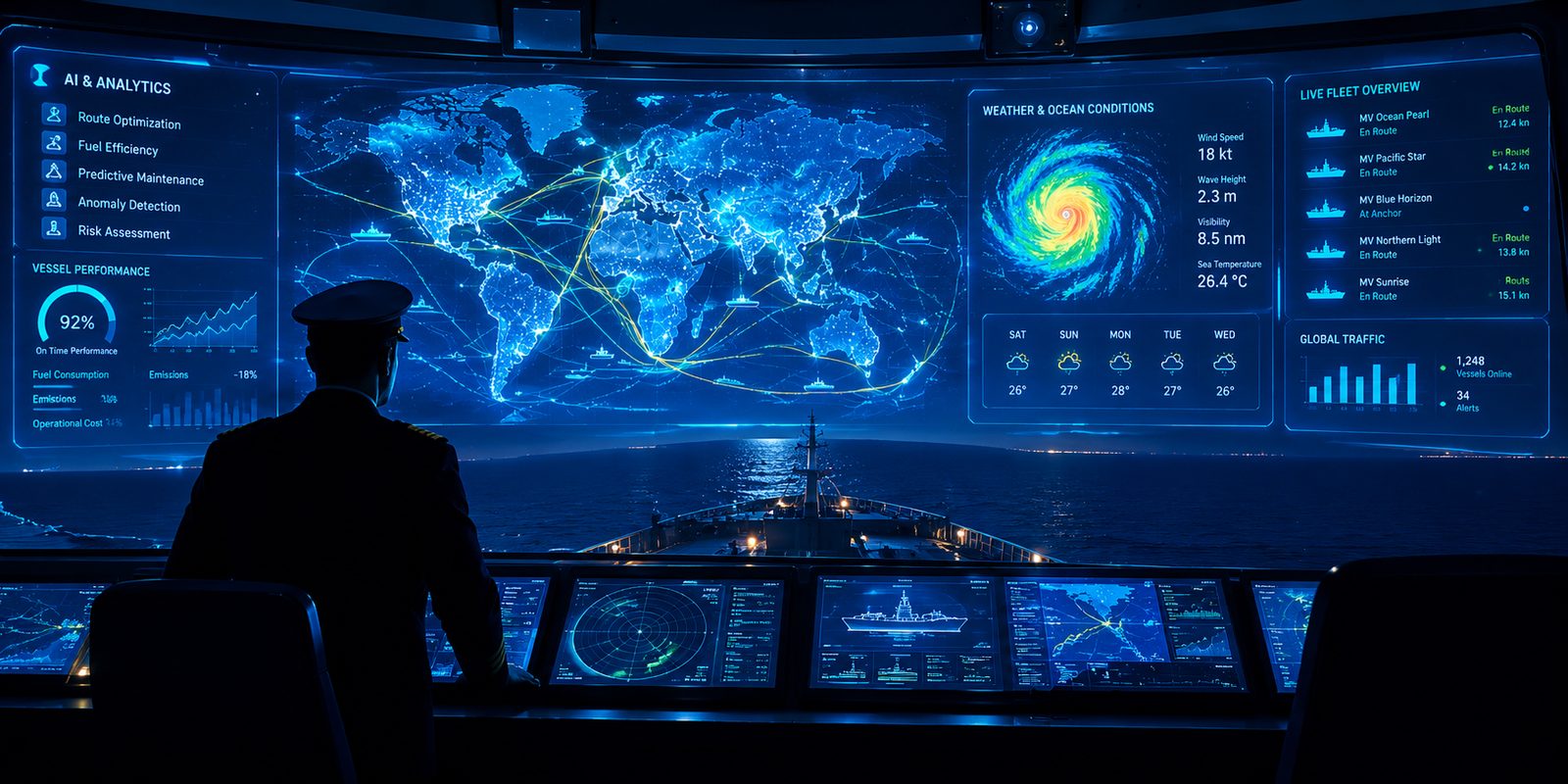Ship bridge with large digital displays showing routes, weather and fleet analytics