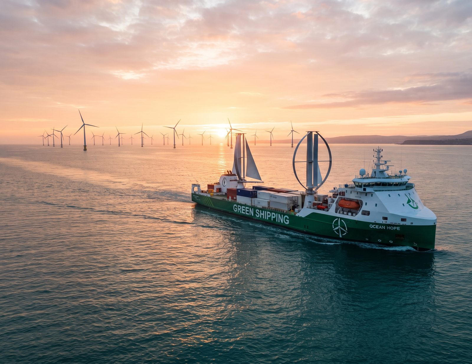 Wind-assisted cargo vessel at sea at sunrise with offshore wind turbines on the horizon