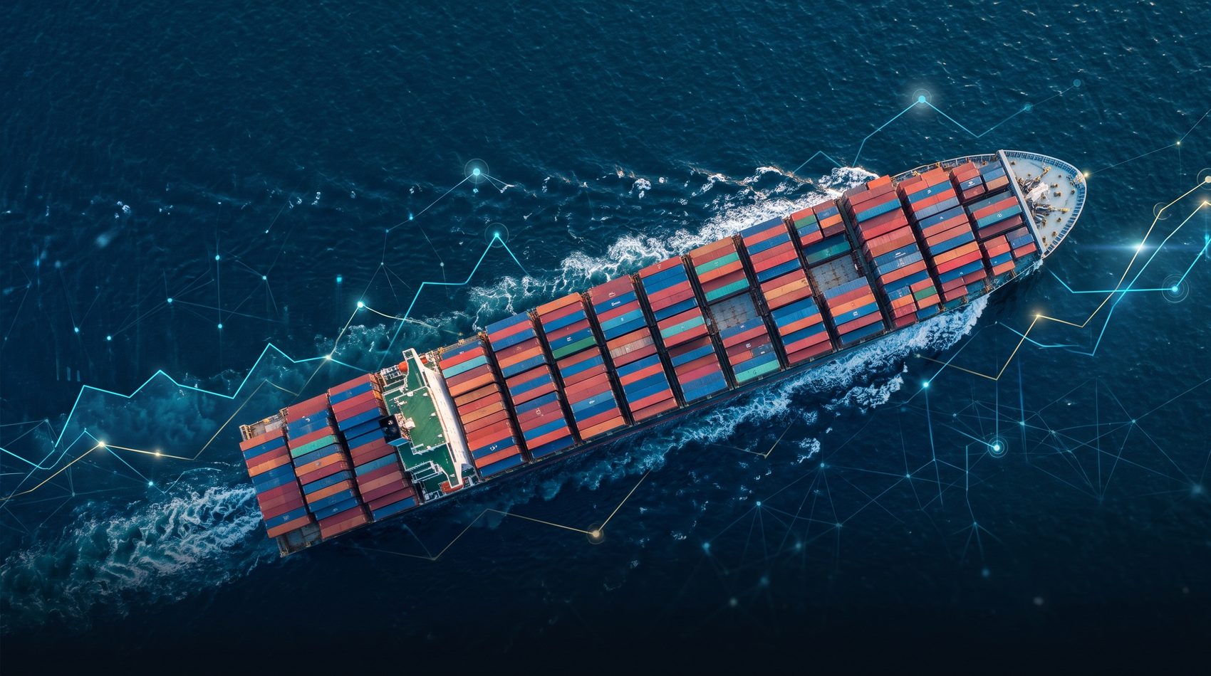Aerial view of a container ship with digital financial graph lines over the sea