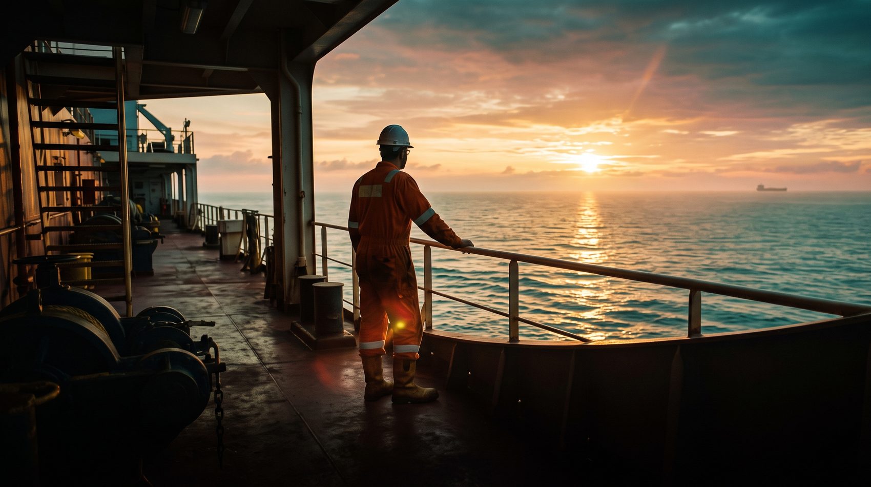 Seafarer in a hard hat looking out to sea at sunrise from a ship deck